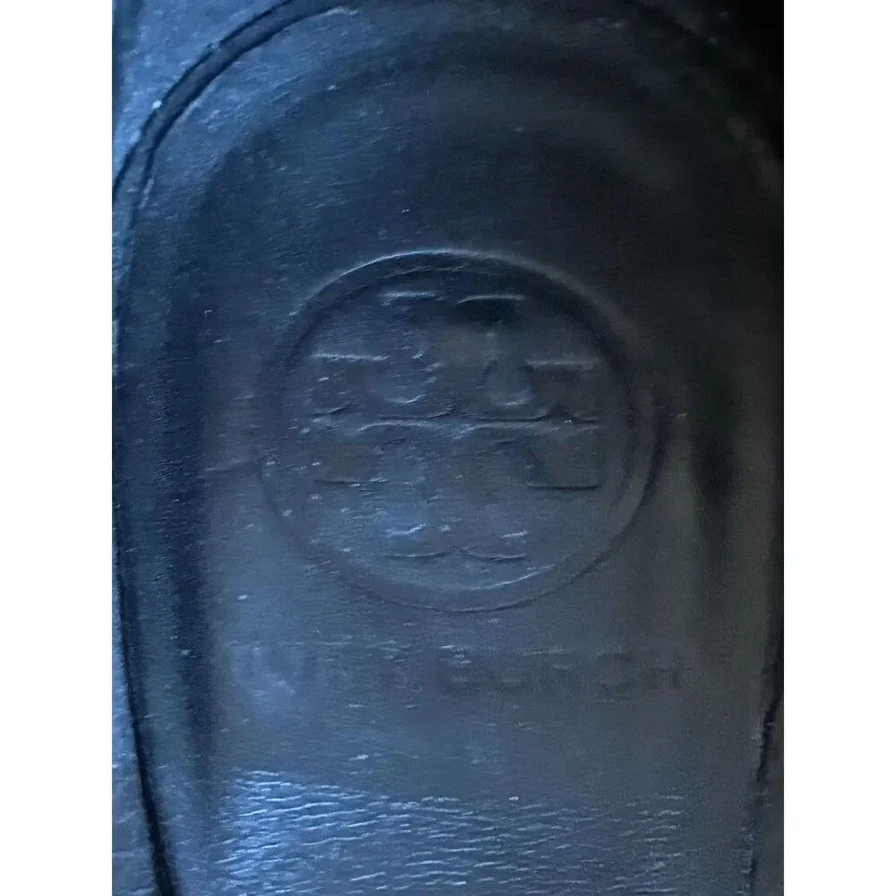 Tory Burch Amanda Black Leather Logo Peep Toe Wedge Heels Shoes  Women's Size 11